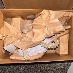 Chic Pearl-Embellished Tan Heels